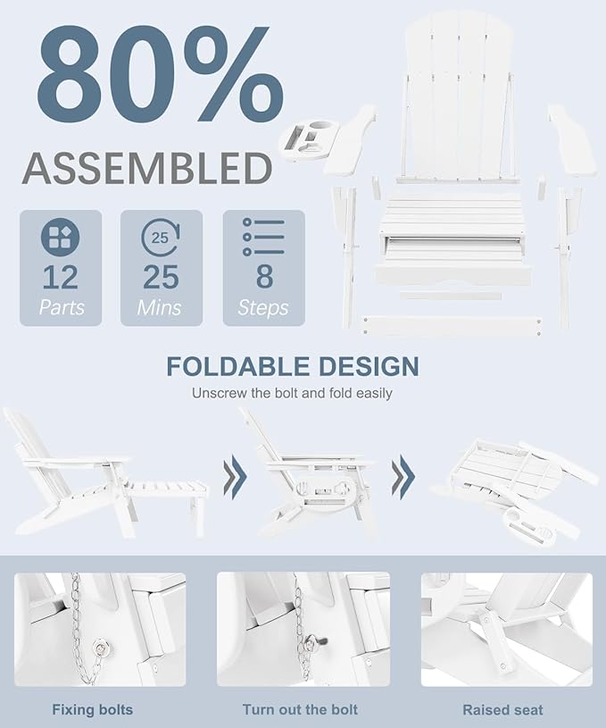 Adjustable Adirondack Chair with Retractable Ottoman Set of 8, HDPE Folding Adirondack Chair with Cup Holder, All Weather Fire Pit Chair for Outdoor.