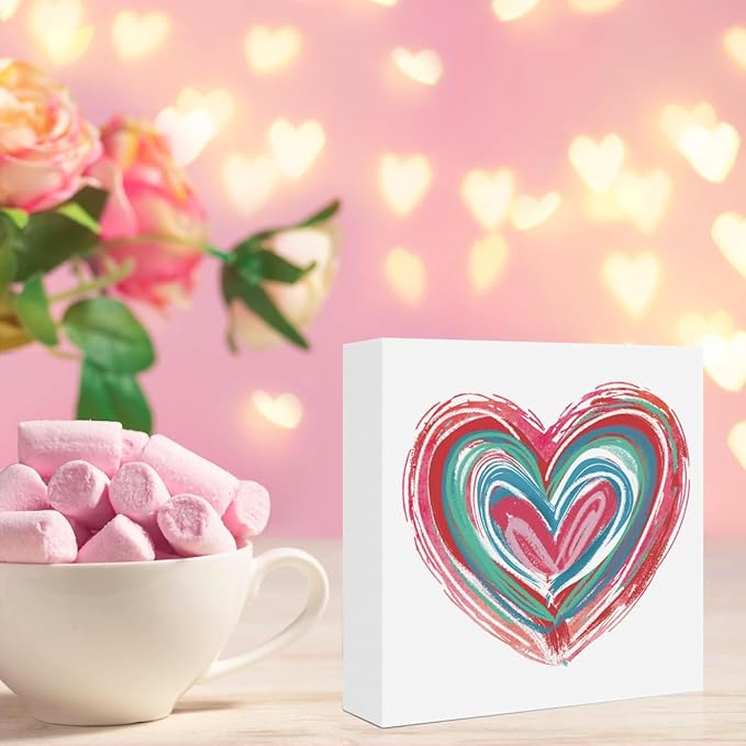 Valentines Day Decorations, Valentines Day Gifts for Her Him, Gift for Boyfriend Girlfriend, Vintage Romantic Pink Heart Brushstroke Anniversary Wooden Box Sign Husband Wife Home Office Desk Decor