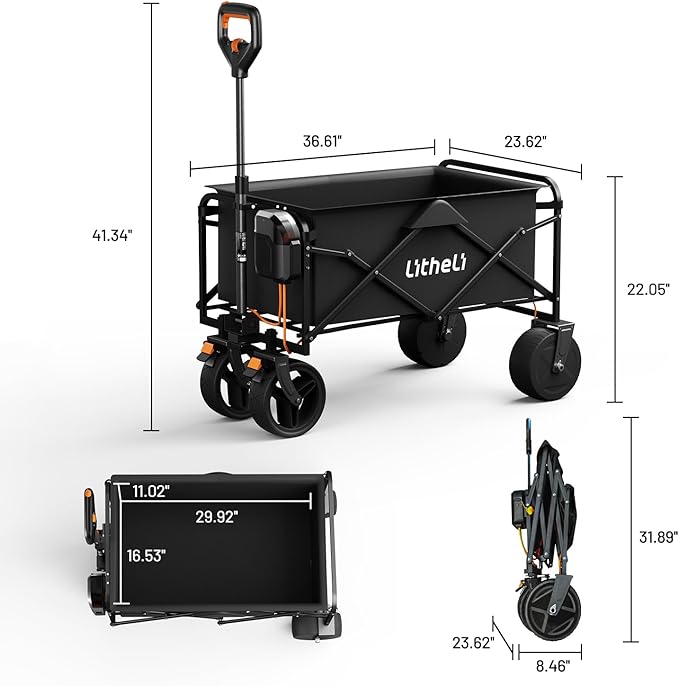 Litheli Electric Collapsible Wagon Cart Foldable, 100L Portable Folding Wagon Cart with Wheels, Outdoor Lightweight Utility Carts for Beach Grocery Camping Shopping