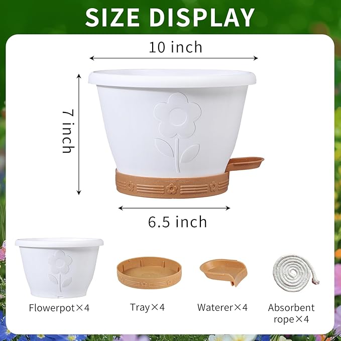 XMPBFYH Plant Pots, Flower Pots for Indoor/Outdoor Plants, Self Watering Plastic Planters Pots with Drainage Holes, Saucer & Reservoir, Decorative Nursery Planting Pots(10 Inch Set of 4)