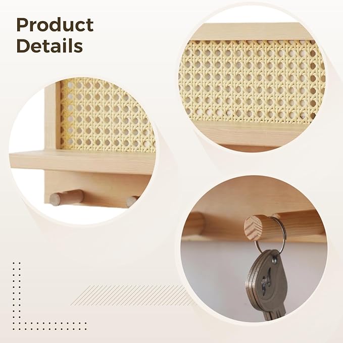 2 PCS Rattan Wall Shelves, Natural Wood No-Drill Rattan Wall Shelf with 4 Hooks for Planters Coats Bags Keys, Self-Adhesive Floating Shelf for Entryway Bedroom Kitchen