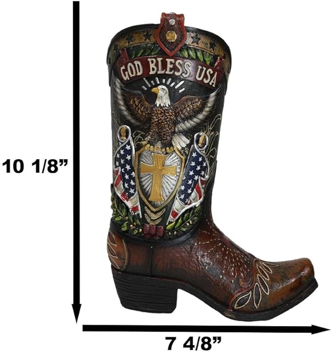 Ebros Gift Rustic Western Country USA American Flag God Bless USA Eagle Seal Crest Cowboy Boot Decorative Flower Bouquet Vase Or Planter Figurine 10" High