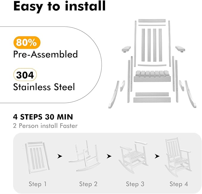 Oversized Outdoor Rocking Chair,All Weather Rocker Chair with More Comfortable Seat Panel for Porch Patio Outside(White)
