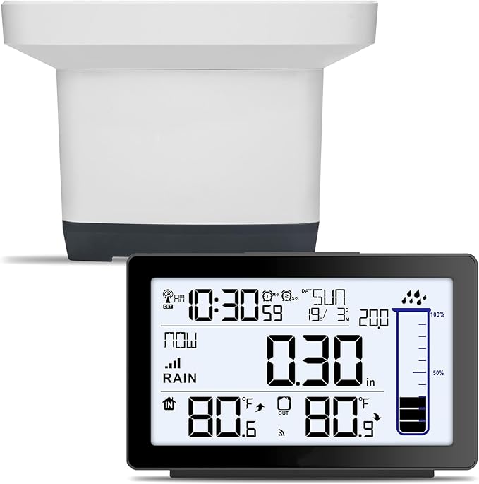 Wireless Rain Gauge Outdoor, Self-Emptying Digital Rain Gauges Outdoors Best Rated, Electronic Rain Measure Gauge for Garden, Freeze Proof Rain Gauge with Thermometer, Remote Rain Meter for Yard