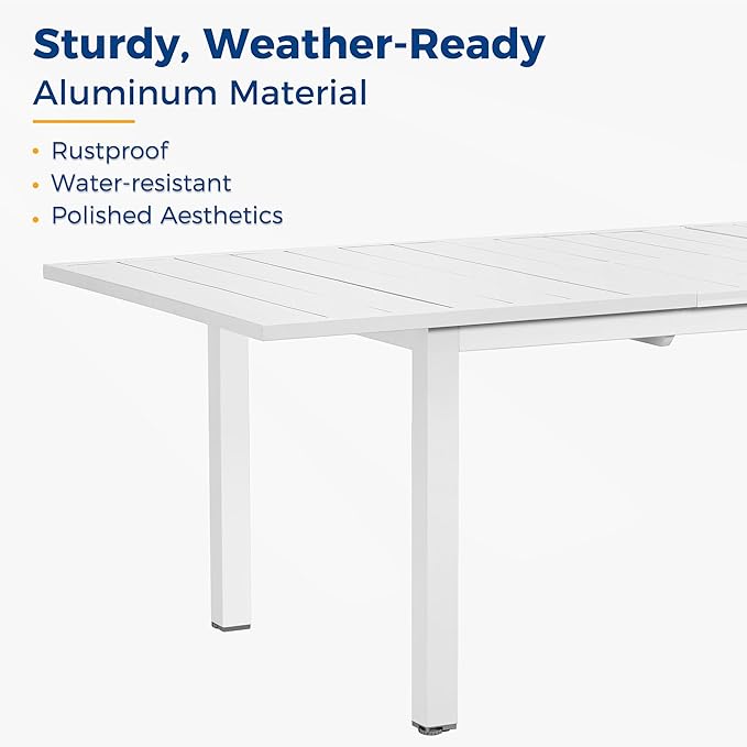 Wisteria Lane Aluminum Outdoor Dining Table, 68"-91.5" Adjustable Length Oversized Dining Table for 6-10 People, All-Weather Extendable Patio Dining Table with Adjustable Feet for Deck Balcony Garden