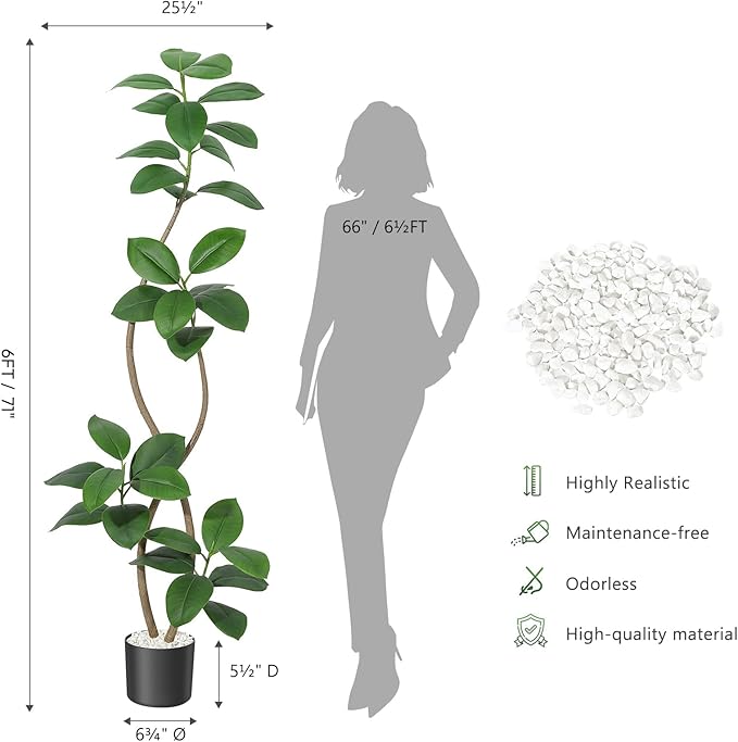 6 ft Artificial Plant Rubber Tree, Large Floor Tree Real Touch, Artificial Plants Indoor Potted with Black Sphere Resin Planter & Stone, Tall Plant Artificial Large Floor