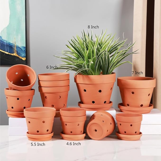 Yishang 8 Inch Clay Orchid Pots with Drainage Holes & Saucers - 3 Pack Large Terracotta Planter for Repotting, Plant Flower Pots for Orchid Indoor & Outdoor, Promotes Air Circulation