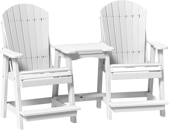 LuxCraft Poly Tete-a-Tete Patio Table and Counter Height Balcony Chairs with Umbrella Hole, Weatherproof Outdoor Patio Furniture Set for Outside - Amish Made in USA (White)