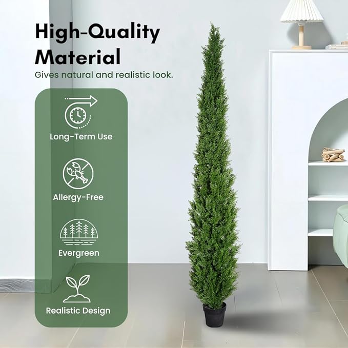 8 Feet Pre-Potted Evergreen Outdoor Artificial Cedar Tree for Front Porch Decor, Outdoor Entryway Decor Fake Tree, Tall Faux Tree with UV Resistant Coating (1 Pack)