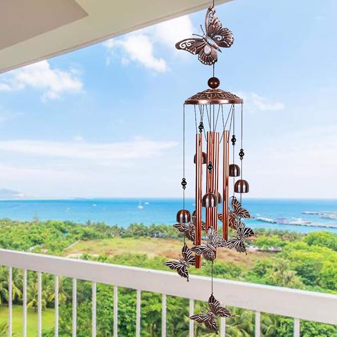 Butterfly Wind Chimes Outdoor Decor -with 4 Tubes 6 Bells 7 Butterflies 36In Waterproof Mobile Romantic Wind Catcher Butterfly Windchimes for Home, Xmas Mom Gifts, Festival,Balcony,Garden Decoration