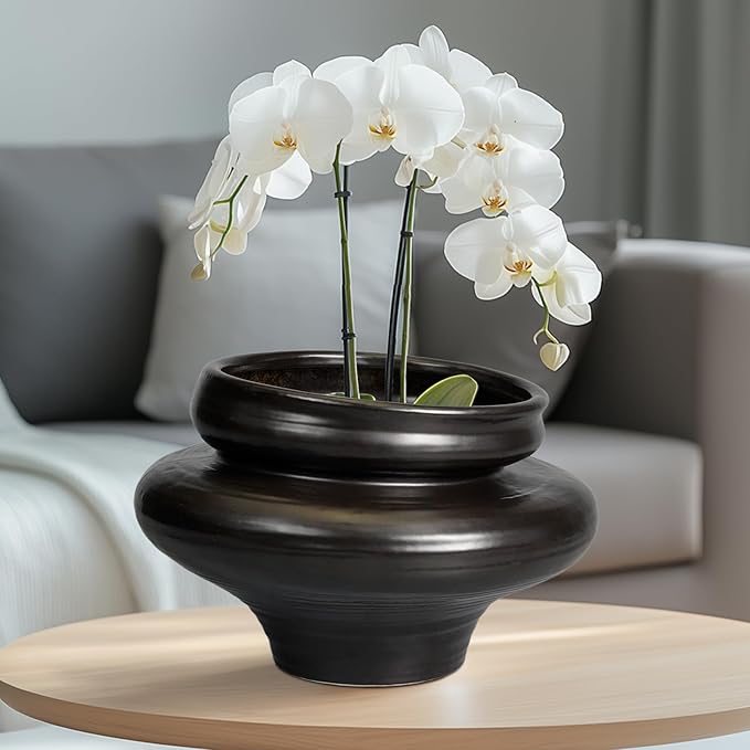 Teagas Ceramic Pots for Plants 11 Inch - Bonsai Planter for Outdoor Plants, Black Planter with Drainage Hole, Decorative Plant Pots for Home Decor, Gift for Women Men