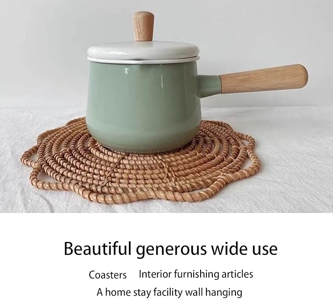 Boho Wall Basket Decor Set: Round Rattan Wall Decor, Hanging Basket, Flat Woven, Flower Shape, Khaki, 13"L x 13"W, Unisex, Indoor, Living Room
