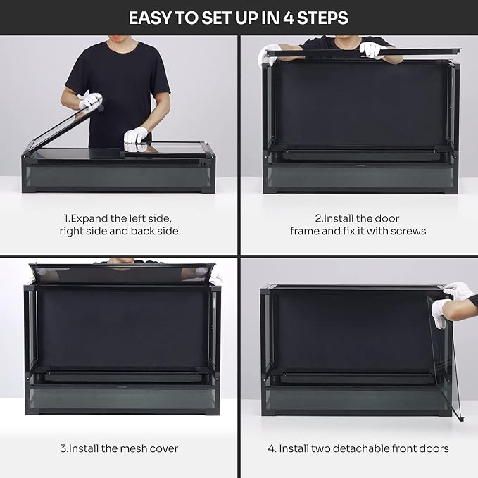 REPTI ZOO Collapsible 60 Gallon 36" Wide Reptile Tank, Tempered Glass Large Reptile Terrarium 36"x18"x24", Black PVC Back, Front & Top Ventilation & Anti Escape Lid, Easy Folding