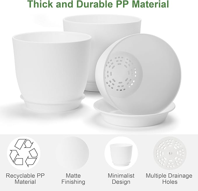 FHWTY Plastic Plant Pots 9/8/7.5 inch Set of 3, Indoor Planters with Drainage Holes and Tray, Thickened Plastic Flowers Pots for Indoor Outdoor Garden Plants and Flowers, White