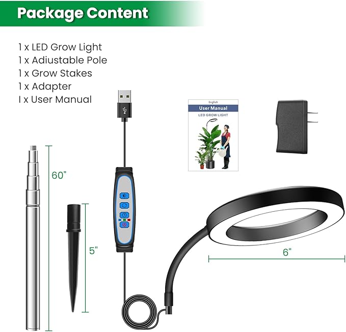 Garpsen Grow Lights for Indoor Plants, Full Spectrum 65'' Plant Light with Gooseneck, 3 Colors Modes and 5 Dimmable Levels, 6/12/16H Timer, 80 LED Height Adjustable Grow Lamp for Plants(Soil Insert)
