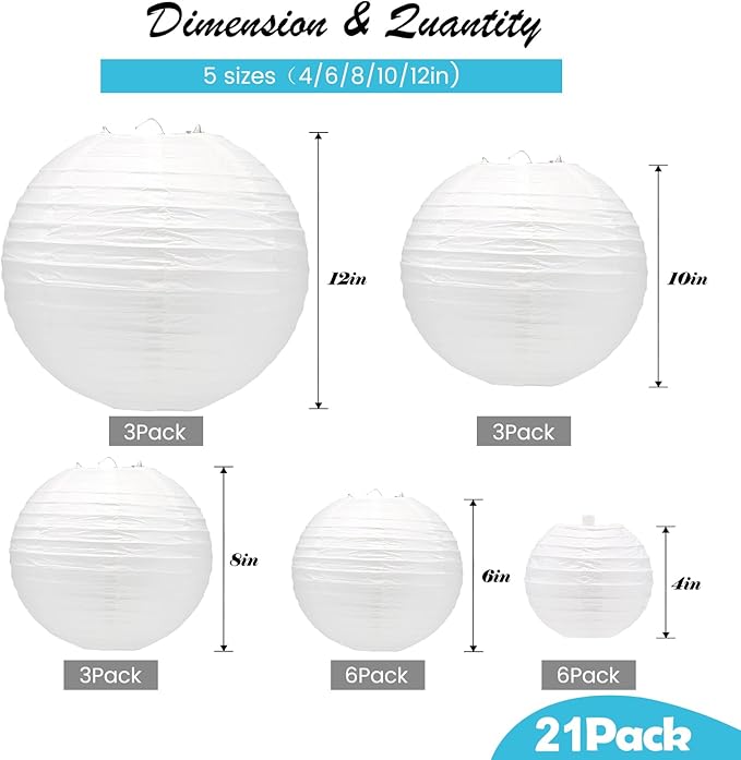 21Pcs White Paper Lanterns,White Chinese Lantern with Tape and String,Hanging Round Lanterns Decorative Outdoor for Party Decorations,Birthday,Wedding,Christmas Party,New Year