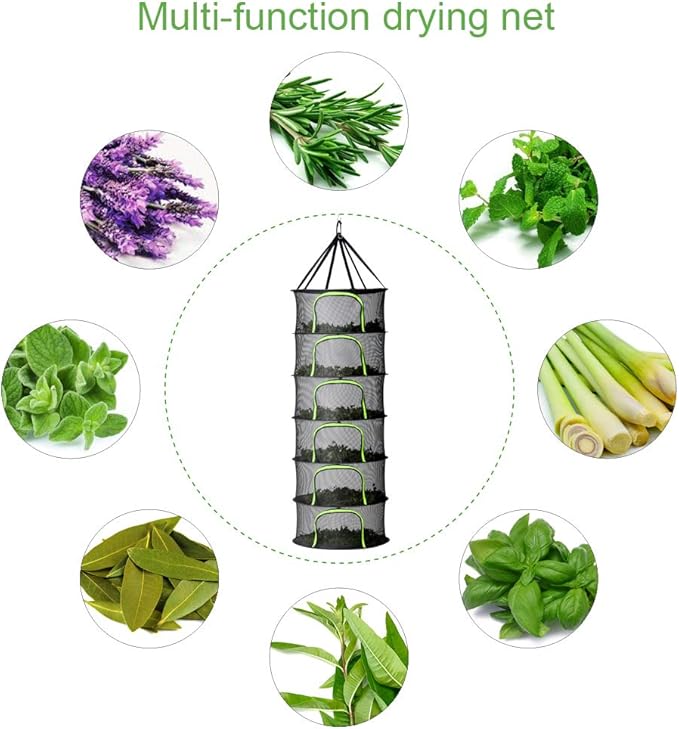 6 Tier Black Mesh Zippered Herb Drying Rack Hanging Dryer Dry Net with Pruning Shear for Hydroponics