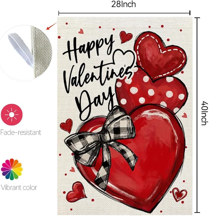 CROWNED BEAUTY Happy Valentines Day House Flag 28x40 Inch Double Sided for Outside Large Burlap Love Hearts Red Holiday Yard Decoration CF1684-40