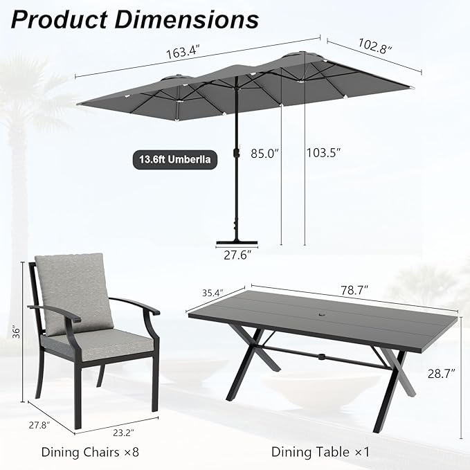 10 Pieces Patio Dining Set,Metal Outdoor Furniture Set Includes 13.6FT Grey Umbrella,Hole Cut-Out 78.7" x 35.4" Table and 8 Metal Backrest Chairs for Backyard,Garden,Grey