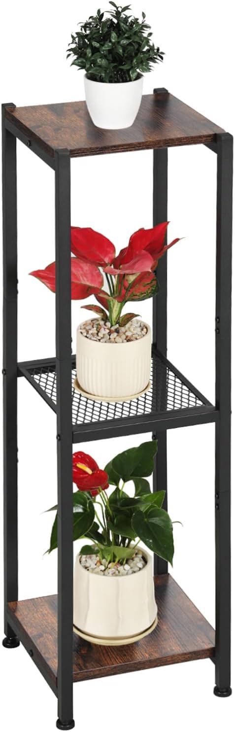 Dipion Extra Tall Plant Stand Indoor,40 Inch Plant Stands,3 Tier Metal Plant Stand with Heavy Duty Wood and Metal Mesh Shelf,Rustic Brown and Black