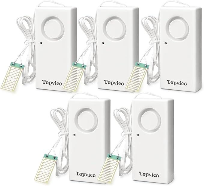 Topvico Water Alarm Leak Detector Moisture Sensor for Basements Sump Pump Dishwasher RV Water Heater Pan High Flood Alert, 120dB Work Alone, Battery Operated, 5 Packs