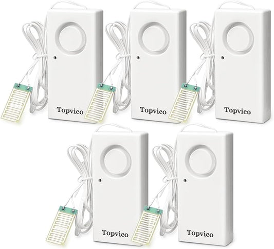 Topvico Water Alarm Leak Detector Moisture Sensor for Basements Sump Pump Dishwasher RV Water Heater Pan High Flood Alert, 120dB Work Alone, Battery Operated, 5 Packs