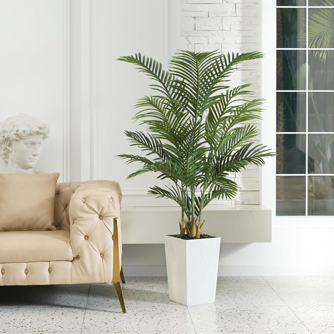 VeriNatural 5FT Artificial Palm Tree - Tall Fake Tree with White Taper Planter & Pebbles, UV Resistant for Indoor & Outdoor Decor - Large Potted Faux Plant for Living Room, Office, Home Decor,VN130