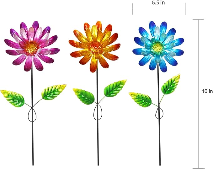 Voltogar Metal Flower Garden Stake for Outside, 3 Pcs 16" H Outdoor Garden Stakes Decor, Yard Outdoor Ornaments for Patio, Lawn, Patio(Yellow & Purple & Blue)