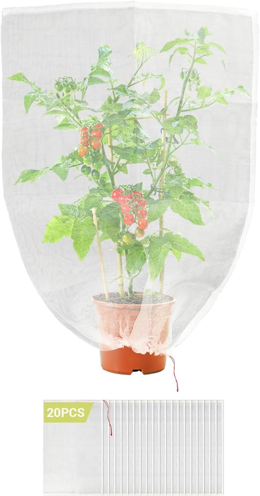 20PCS Tomato Plant Netting Mesh, 3 Ft x 2 Ft Fruit Protection Bags with Drawstring, Garden Reusable Mesh Insect Netting Bags Plant Protective Cover for Vegetables Fruit Trees Melon Bananas