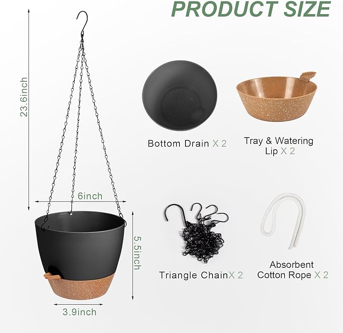 Vanslogreen Hanging Planters for Indoor Outdoor Plants, 2 Pack Self Watering Hanging Pot with Drainage Holes & Removable Tray (Black, 6'')