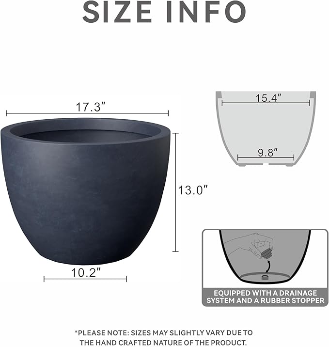 Kante 17.3 Inch Round Concrete Planter - Classic Large Indoor/Outdoor Plant Pot with Drainage Hole and Rubber Plug, Suitable for Gardens and Patios, Charcoal