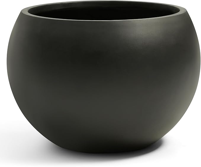 FloraFairy 21.3" D Fiberstone Extra Large Planter, Black 16.6" Pot Opening x 14.8" H, Spherical Flower Pot with Drainage Hole, Weather Resistance Indoor Outdoor Planters
