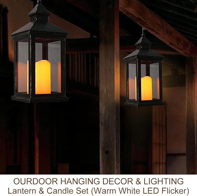 Bright Zeal 14" Tall Vintage Decorative Lantern with LED Pillar Candle (Distressed Gold) - Outdoor Lights Decorative Hanging - Battery Lantern with Timer - Vintage Candle Light