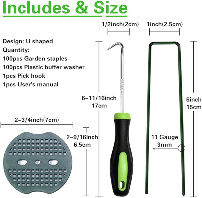 Bakulyor 100pcs Green Artificial Turf Stakes Staples + 100pcs Buffer Washer, 6 Inch 11 Gauge Landscape Staples, Galvanized Lawn Spikes, Heavy Duty Yard Ground Pin for Grass Weed Barrier Sod Fabric