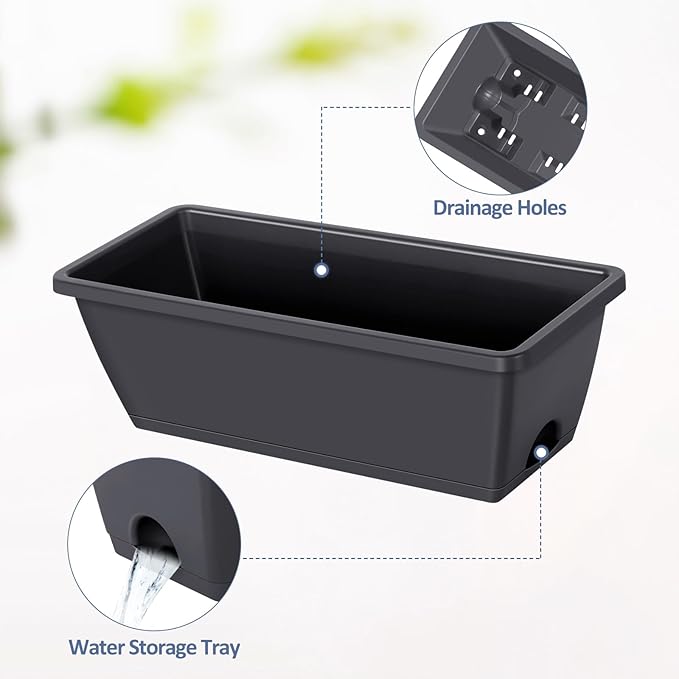 CADUKE 4 Pack Railing Planter Box Grey Window Flower Boxes with Brackets Hanging Fence Planters Plastic Outdoor Deck Railing Planter Boxes for Balcony Patio Garden