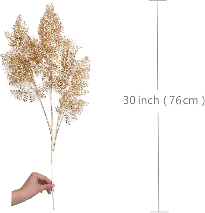 Fake Plants for Christmas Decor, PASYOU Artificial Gold Flowers Plastic Grass Shrubs Leaves Indoor Outdoor Home Garden Party Hotel Verandah Wedding Event Faux DIY Decoration - 30 Inch Golden 2 Bunches