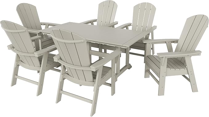 WestinTrends Malibu 7 Piece Adirondack Outdoor Dining Set, All Weather Poly Lumber Patio Table and Chairs Furniture Set, 71" Trestle Dining Table and 6 Adirondack Dining Chair, Sand