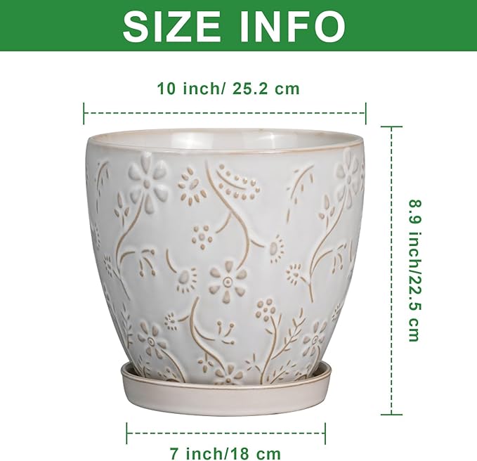 MPotTo 10 Inch Plant Pot Ceramic Planter Pot with Drainage Hole and Saucer Round Planter Large Flower Pot for Indoor Outdoor Plants Home Garden Decor White