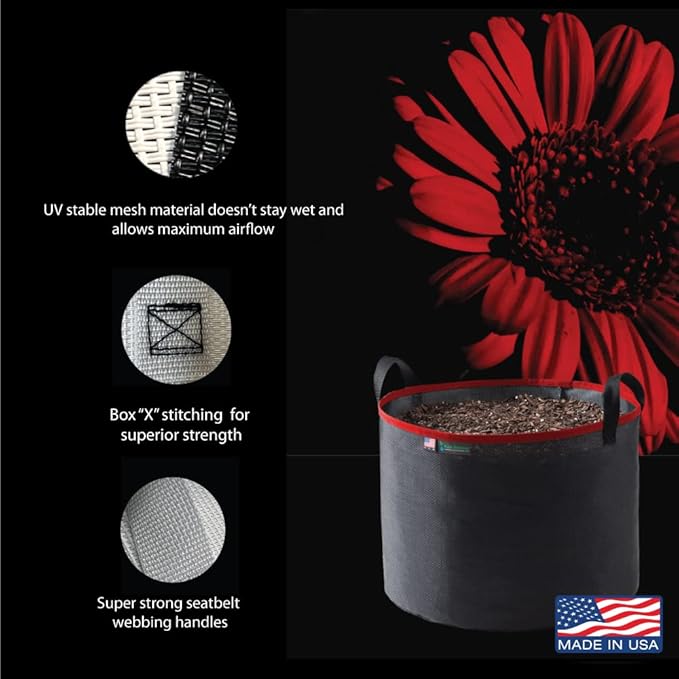 Grow Bag 25 Gallon, Planting Pots - Colorful Plant Grow Bags Pots Gardening Vegetable - Air Pruning Mesh Fabric Plant Container - (Black/Red)