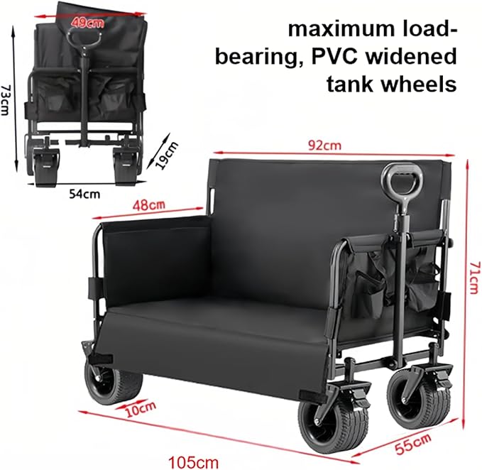 Wagon Foldable Cart Convert to Bench, Collapsible Heavy Duty Cart with Wheels, All Terrain Camping, Utility Grocery Wagon for Beach, Shopping, Garden, Sports and Fishing (LY008-BLACK)