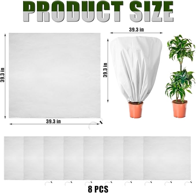 EYNDYN 8 Pcs Plant Covers Frost Protection Bag 39.3" x 39.3" Winter Reusable Plants Jacket with Drawstring Shrub Protection Wraps Bags Frost Blanket for Winter Outdoor Garden Plants