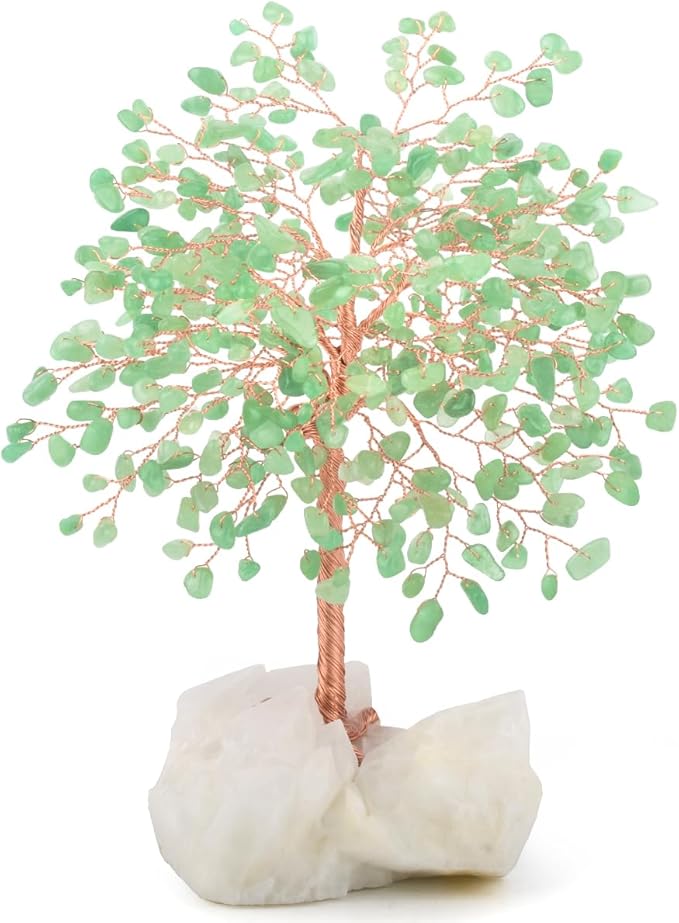 MASGEMES Crystal Tree of Life,Natural Green Aventurine (406 Gemstone Count) Clear Quartz Cluster Base,Chakra Positive Energy FengshuiGood Luck Home Decor,Gift Size 8.5-9 Inches