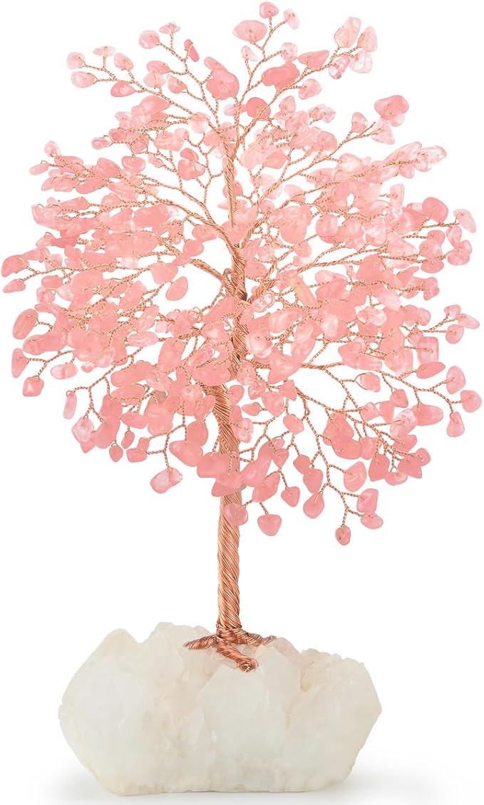 MASGEMES Gemstone Crystal Tree of Life,Natural Rose Quartz (406 Stones) with Clear Quartz Base,Chakra Balancing Positive Energy Feng Shui Home Decor Bonsai Money Tree,Birthday Gift 8.5"-9"