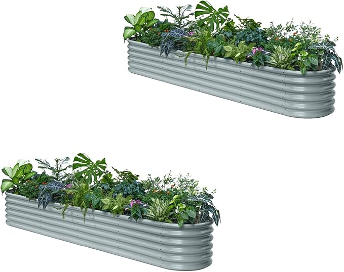 2-Pack Galvanized Raised Garden Bed 10x2x1.5 | 8x4x1.5 ft, 18" Tall Metal Planter Boxes Outdoor for Herb Vegetable, Modular Raised Flower Bed for Gardening with Zn-Al-Mg Coated - Brooklyn Grey