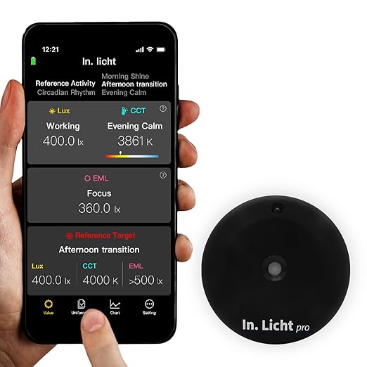 In. Licht Pro Handheld EML Light Meter Sensor Lumens Lux Color Temperature CCT Contrast Uniformity Measurement for Architecture Interior Lighting Design Well Healthy Building Standard V2 Compliance