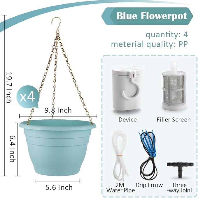 RooTrimmer Hanging Planters 10 Inch, 4 Pcs Flower Pots Automatic Watering System Set, Self Watering Hanging Basket with Drainage Hole for Indoor Outdoor Plants, Decor, Blue