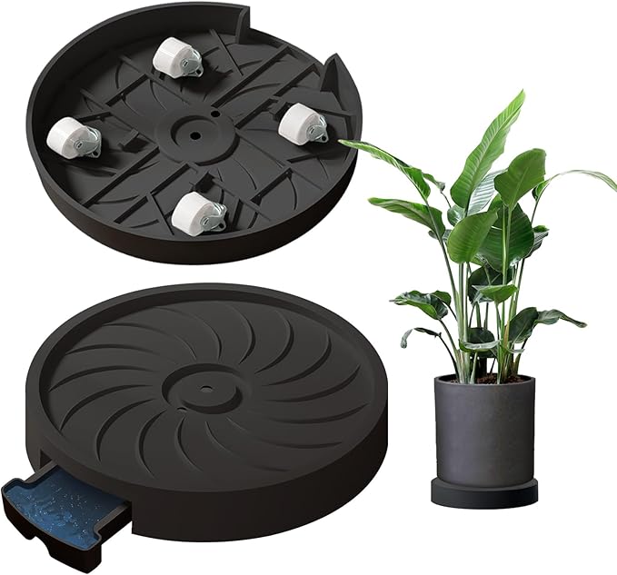 MCleanPin 2 Pack Plant Caddy with Hidden Wheels, 13" Heavy Duty Rolling Plant Stand with Removable Drainage Tray and Silent Casters Round Flower Pot Mover Planter Dolly for Indoor Outdoor Black