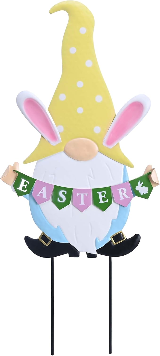 TERESA'S COLLECTIONS Easter Decorations Outdoor for Home, Metal Garden Gnomes Decor Yard Stakes, Pink & Blue Egg Rabbit Garden Stakes Gifts, Welcome Yard Signs for Outside Lawn Porch Patio, 27"