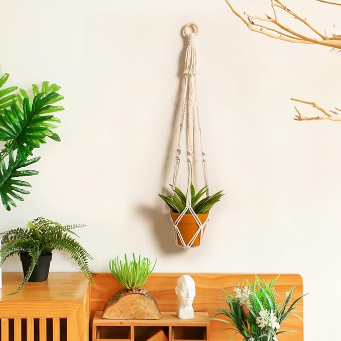 Artilady Plant Hanger Indoor Macrame Hanging Planters for Plants Holder Boho White Basket No Tassels Farmhouse Rustic Window Wall Decor (White Planter)
