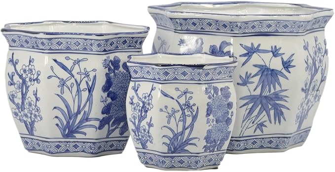 Galt International Blue & White Round Fluted Floral Palm Lotus Porcelain Ceramic Plant Flower Planter Pot Set of 3 (7.5", 10", 13") Garden Pots Chinese Asian Design